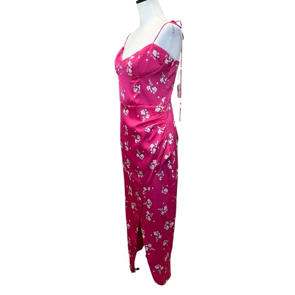 BARDOT Amika Floral Satin Midi Dress Side Slit Sweetheart Ties Hot Pink 10 NWT - Picture 4 of 13